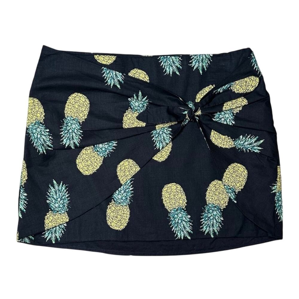 Lea & Viola Micro Mini Skirt M Faux Wrap Black Yellow Green Pineapple